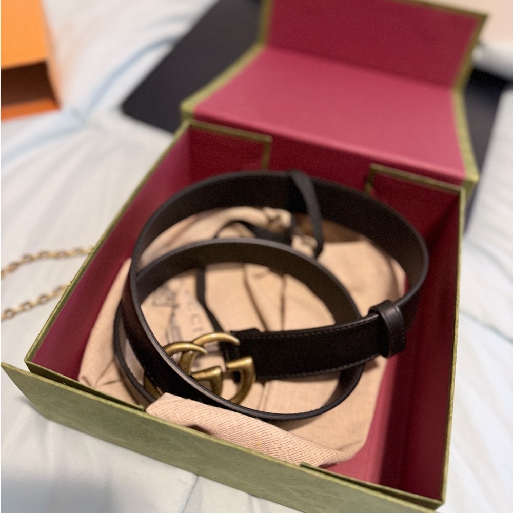 Black Leather Belt with Gold Buckle - Picture 1 of 2